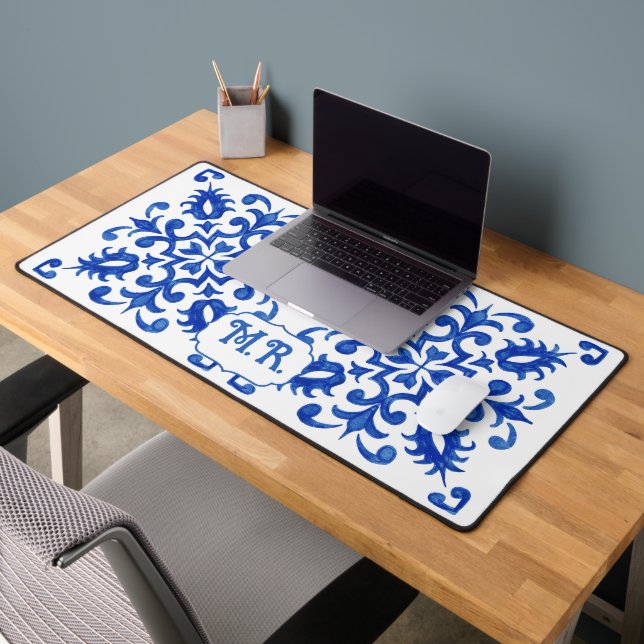 Portuguese Blue Tile Monogram  Desk Mat (Office 2)