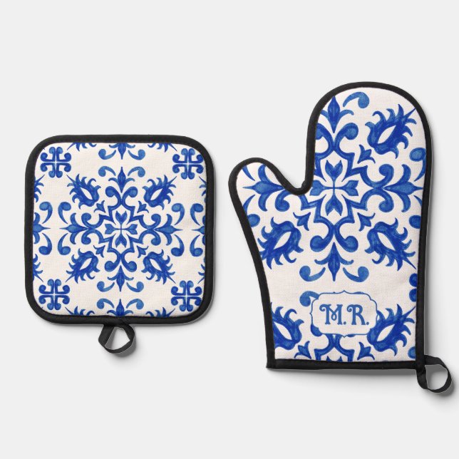 Portuguese Blue Tile Monogram  Oven Mitt & Pot Holder Set (Front)