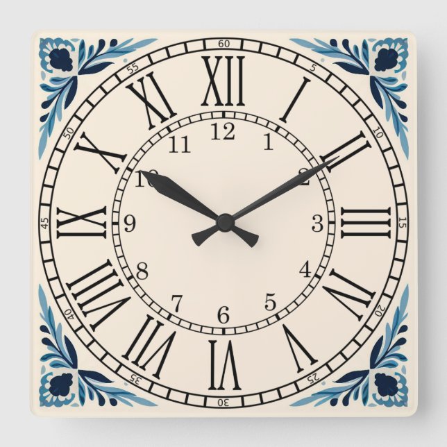Portuguese blue tile square wall clock (Front)