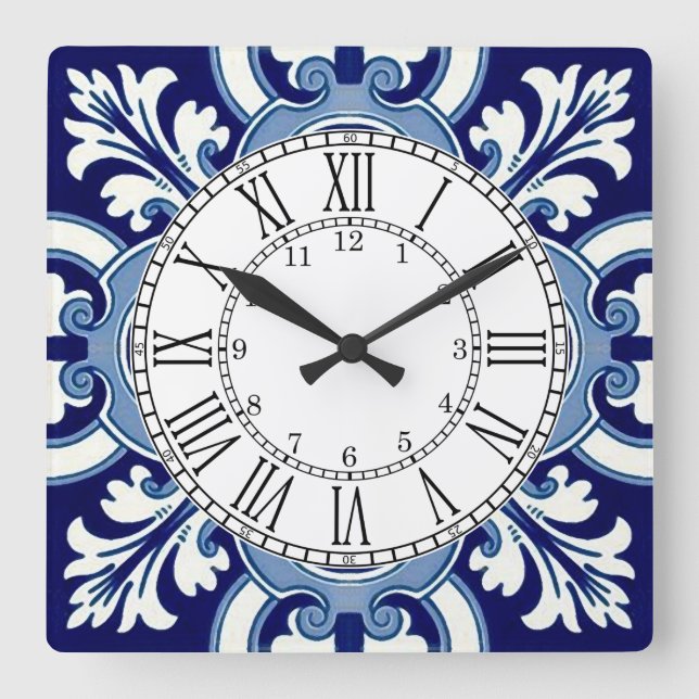 Portuguese blue tile square wall clock (Front)