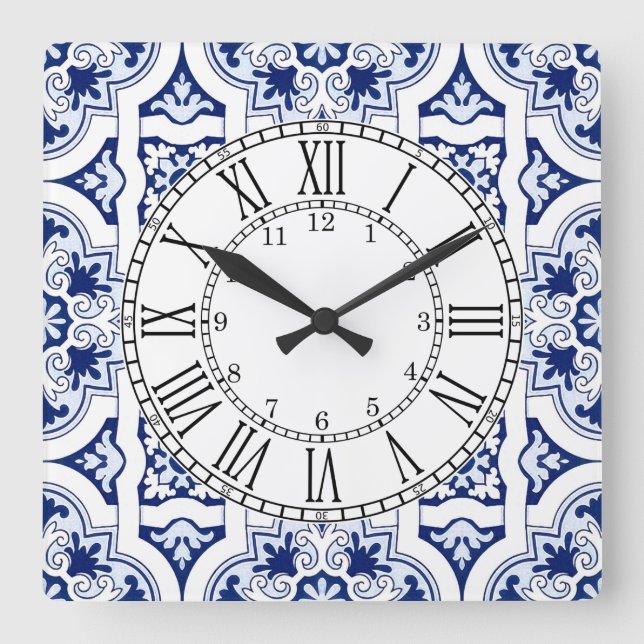 Portuguese blue tile square wall clock (Front)