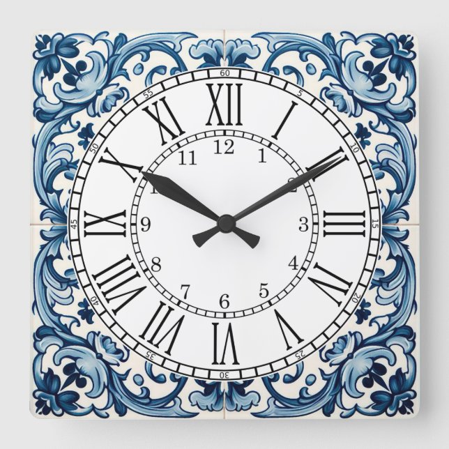 Portuguese blue tile square wall clock (Front)