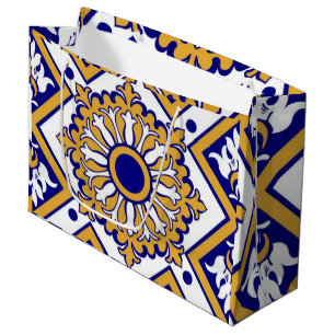 Portuguese Blue Yellow Mediterranean Floral  Large Gift Bag