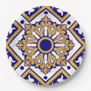 Portuguese Blue Yellow Mediterranean Floral  Paper Plate