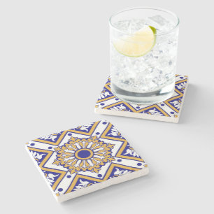 Portuguese Blue Yellow Mediterranean Floral  Stone Coaster