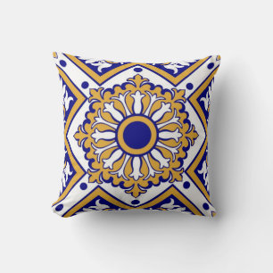 Portuguese Blue Yellow Mediterranean Floral Throw Pillow