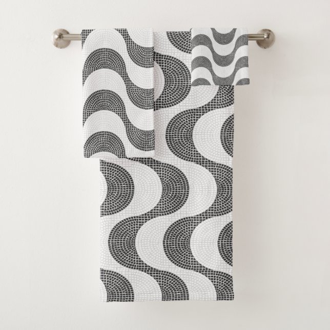 Portuguese cobblestone black and white waves  bath towel set (Insitu)