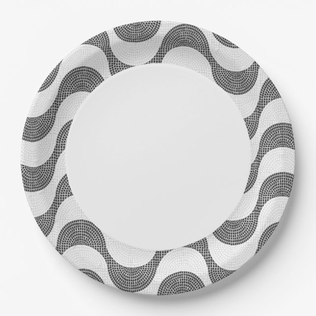 Portuguese cobblestone black and white waves  paper plate (Front)