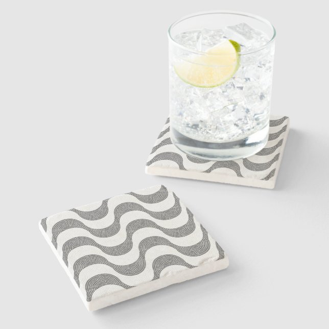 Portuguese cobblestone black and white waves  stone coaster (Side)