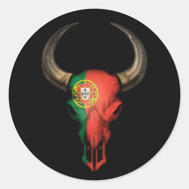 Portuguese Flag Bull Skull on Black Classic Round Sticker (Front)