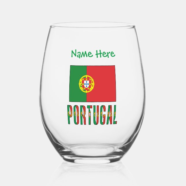 Portuguese Flag Green Personalized Stemless Wine Glass (Front)