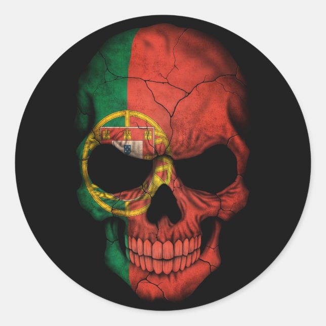 Portuguese Flag Skull on Black Classic Round Sticker (Front)