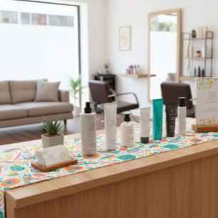 Portuguese folk hair icons — teal, coral & mustard short table runner