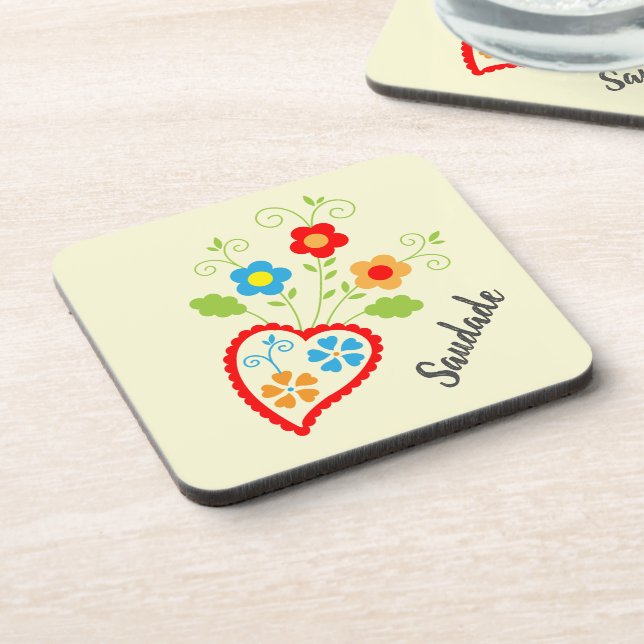 Portuguese folk heart with saudade word coaster (Left Side)