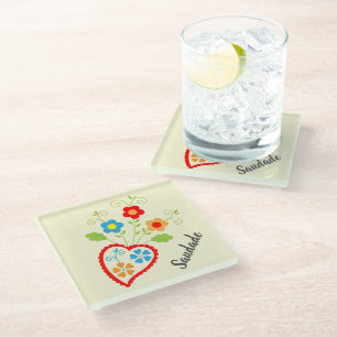 Portuguese folk heart with saudade word glass coaster