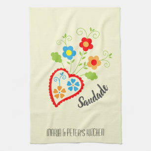 Portuguese folk heart with saudade word kitchen towel