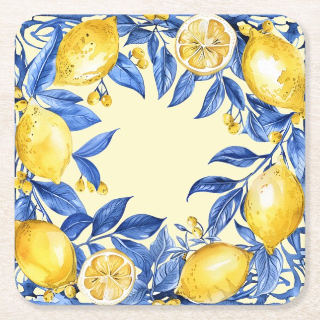 Portuguese Lemons on Blue Square Paper Coaster (Front)