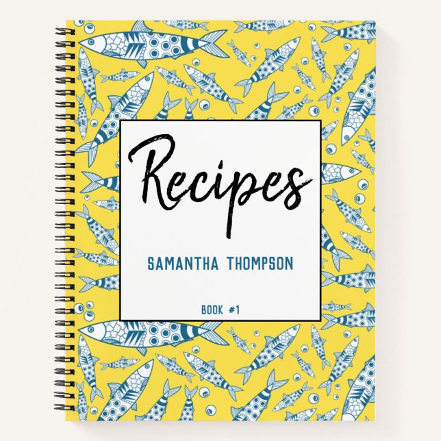 Portuguese Lisbon Sardines Azulejos Yellow Recipes Notebook (Front)