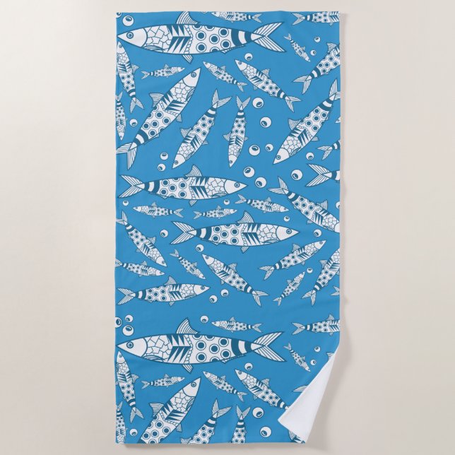 Portuguese Lisbon Sardines Pattern Azulejos Blue Beach Towel (Front)