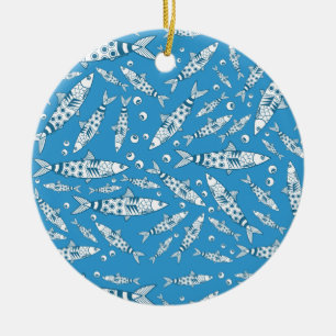 Portuguese Lisbon Sardines Pattern Azulejos Blue Ceramic Ornament