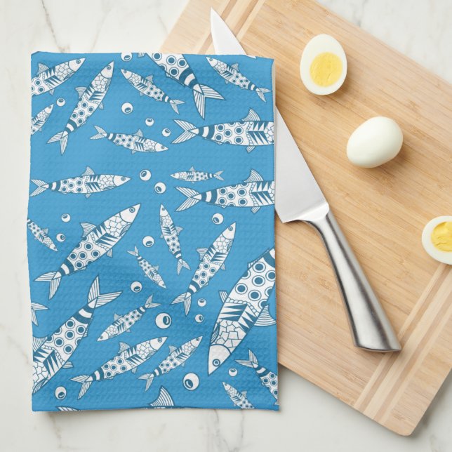 Portuguese Lisbon Sardines Pattern Azulejos Blue Kitchen Towel (Quarter Fold)