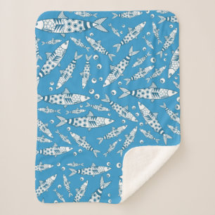 Portuguese Lisbon Sardines Pattern Azulejos Blue Sherpa Blanket