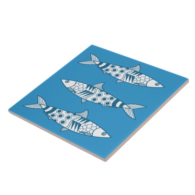 Portuguese Lisbon Sardines Pattern Azulejos Blue Tile (Side)