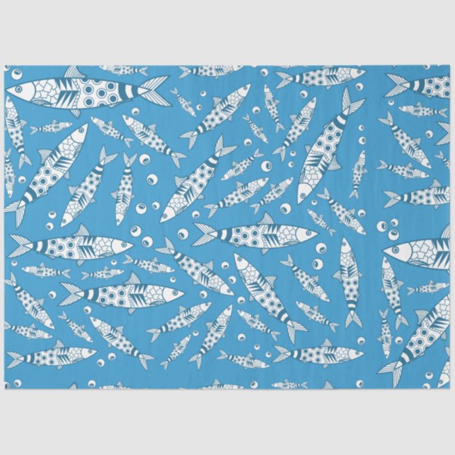 Portuguese Lisbon Sardines Pattern Azulejos Blue Tissue Paper (Front)