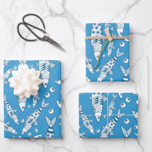 Portuguese Lisbon Sardines Pattern Azulejos Blue Wrapping Paper Sheet