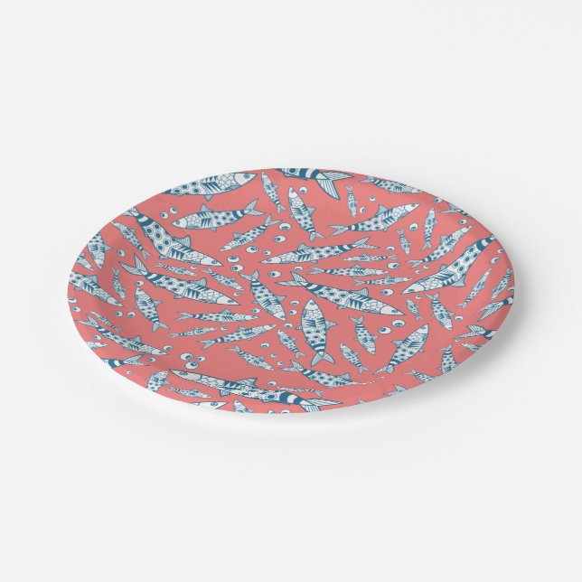 Portuguese Lisbon Sardines Pattern Azulejos Pink Paper Plate (Angled)