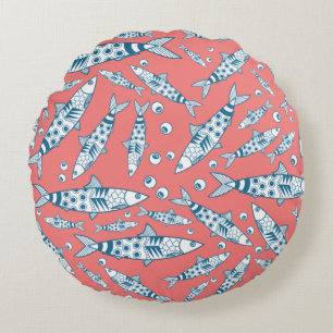 Portuguese Lisbon Sardines Pattern Azulejos Pink Round Pillow