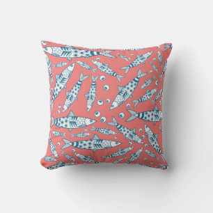 Portuguese Lisbon Sardines Pattern Azulejos Pink Throw Pillow