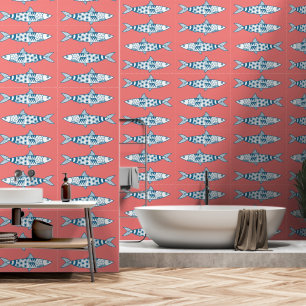 Portuguese Lisbon Sardines Pattern Azulejos Pink Wallpaper