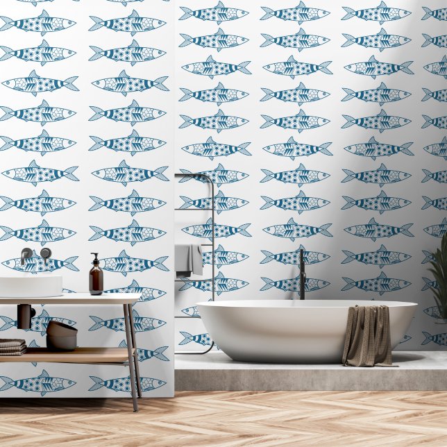 Portuguese Lisbon Sardines Pattern Azulejos Wallpaper (Bathroom)