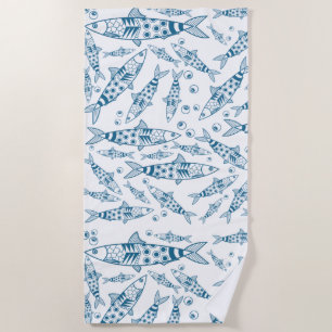 Portuguese Lisbon Sardines Pattern Azulejos White Beach Towel