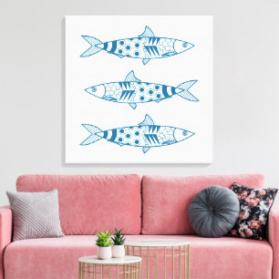 Portuguese Lisbon Sardines Pattern Azulejos White Canvas Print