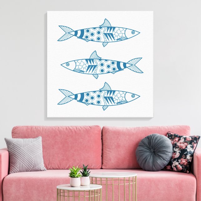 Portuguese Lisbon Sardines Pattern Azulejos White Canvas Print (Insitu(LivingRoom))