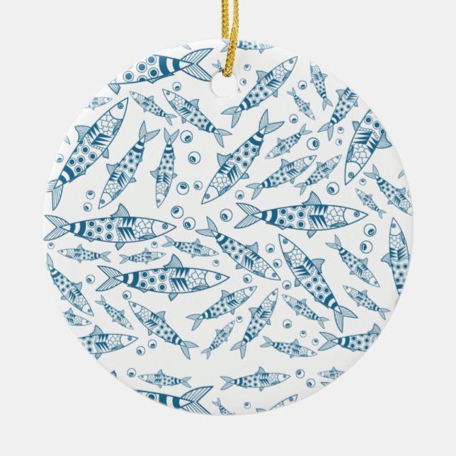 Portuguese Lisbon Sardines Pattern Azulejos White Ceramic Ornament (Front)