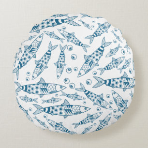 Portuguese Lisbon Sardines Pattern Azulejos White Round Pillow