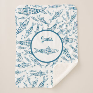 Portuguese Lisbon Sardines Pattern Azulejos White Sherpa Blanket
