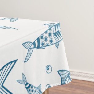 Portuguese Lisbon Sardines Pattern Azulejos White Tablecloth