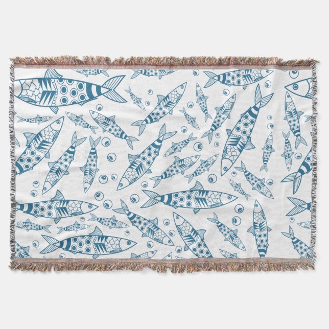 Portuguese Lisbon Sardines Pattern Azulejos White  Throw Blanket (Front)