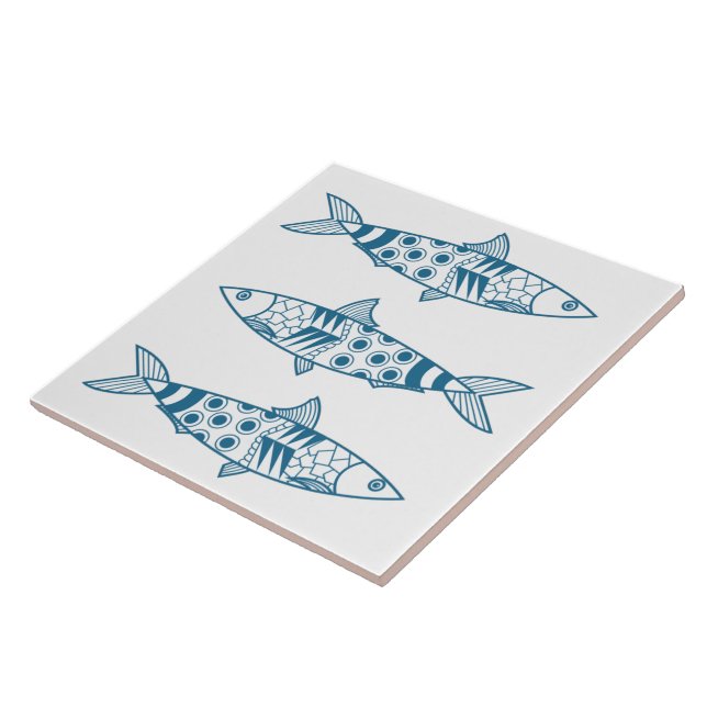 Portuguese Lisbon Sardines Pattern Azulejos White Tile (Side)
