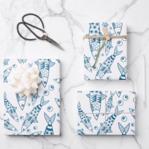 Portuguese Lisbon Sardines Pattern Azulejos White Wrapping Paper Sheet