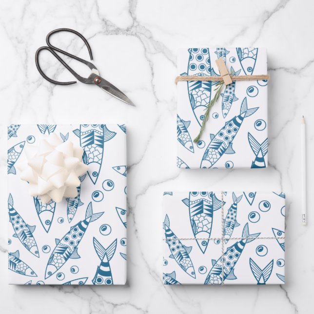 Portuguese Lisbon Sardines Pattern Azulejos White Wrapping Paper Sheet (Front)