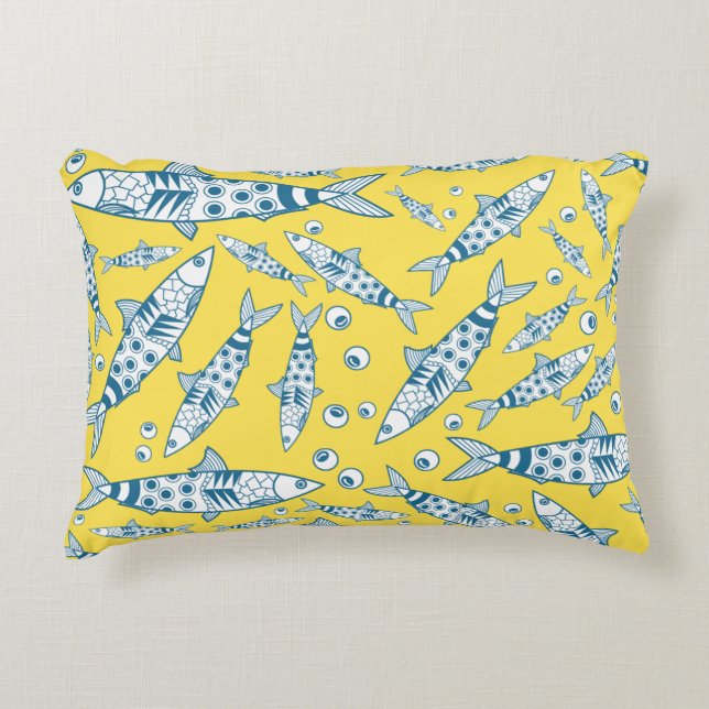 Portuguese Lisbon Sardines Pattern Azulejos Yellow Accent Pillow (Front)