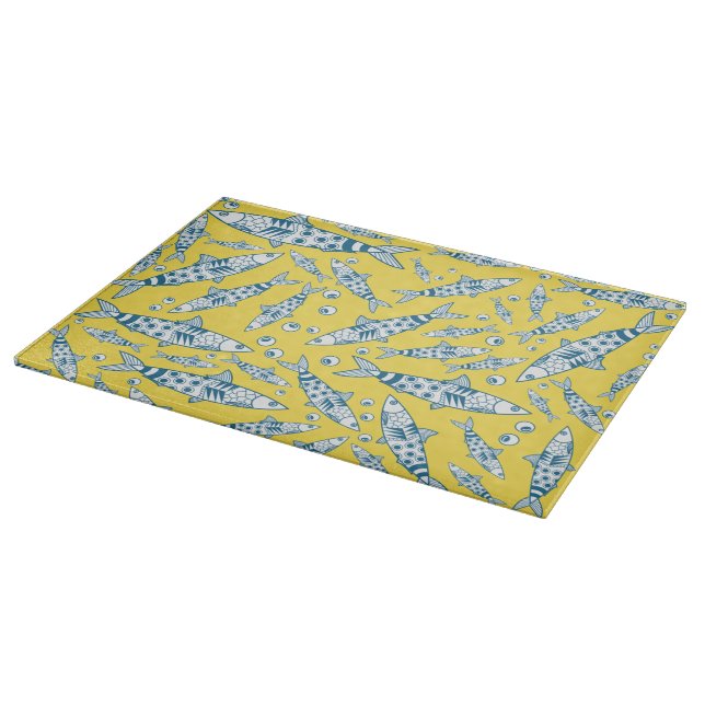 Portuguese Lisbon Sardines Pattern Azulejos Yellow Cutting Board (Corner)