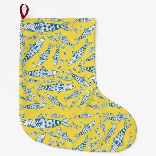 Portuguese Lisbon Sardines Pattern Azulejos Yellow Large Christmas Stocking (Front)