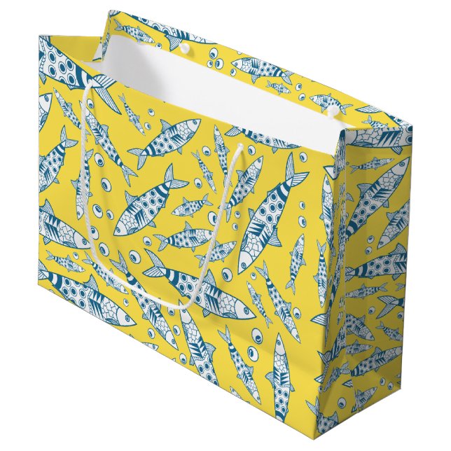 Portuguese Lisbon Sardines Pattern Azulejos Yellow Large Gift Bag (Front Angled)
