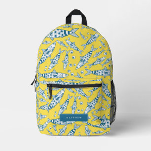 Portuguese Lisbon Sardines Pattern Azulejos Yellow Printed Backpack